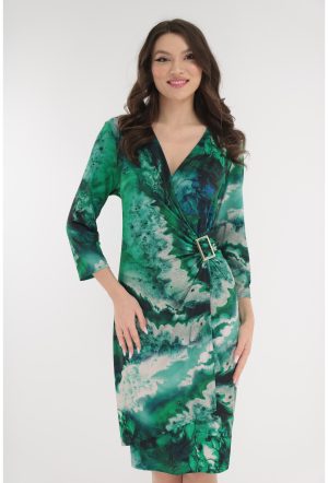 Rochie cocktail verde cu print abstract si accesoriu in talie 1