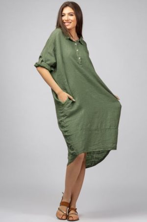 Rochie kaki din in Stella Milani cu inel metalic pe spate 1