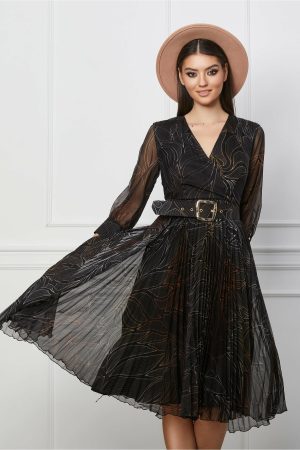 Rochie Crina neagra cu imprimeuri maro si curea in talie 1
