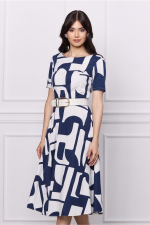 Rochie Dana bleumarin cu imprimeuri albe si curea in talie 1