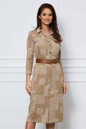 Rochie Dana maro cu imprimeu pepit si curea in talie 1