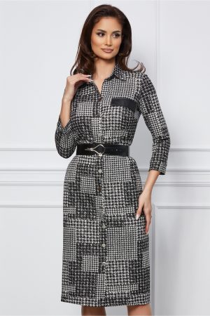 Rochie Dana neagra cu imprimeu pepit si curea in talie 1