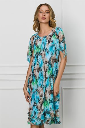 Rochie Daniela bleu cu imprimeuri maro si maneci cu decupaj 1