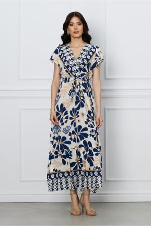 Rochie Daria ivory cu imprimeuri bleumarin si cordon in talie 1