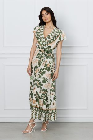 Rochie Daria ivory cu imprimeuri verzi si cordon in talie 1