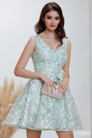 Rochie de banchet Fofy mini mint din organza cu insertii aurii 1