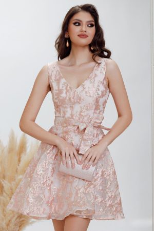 Rochie de banchet Fofy mini rose din organza cu insertii aurii 1