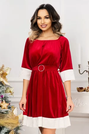 Rochie de Craciun rosie din catifea si cordon in talie 1