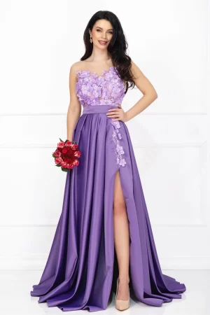 Rochie de lux Beatrice lila tip printesa din tafta cu flori 3D 1