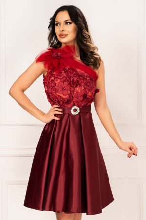 Rochie de lux bordo eleganta din tafta in clos cu flori 3D 1