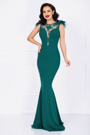 Rochie de lux Kathrin sirena verde cu flori 3D la umeri si fulgi 1