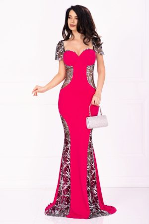 Rochie de lux Serena de seara fucsia cu paiete argintii si sclipici 1
