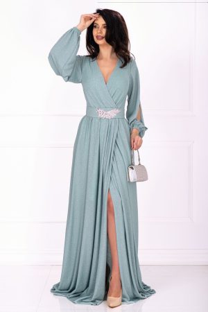 Rochie de nunta Chantal mint din lurex lunga cu sclipici 1