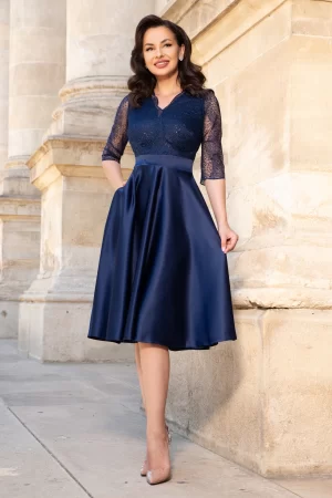 Rochie de ocazie bleumarin midi in clos din tafta subtire 1
