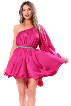 Rochie de ocazie din matase fuchsia cu o maneca goala 1