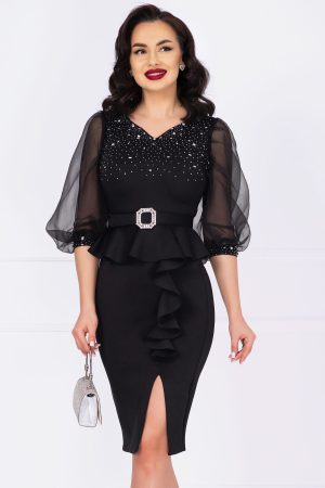 Rochie de ocazie eleganta neagra cu maneci din organza si peplum 1