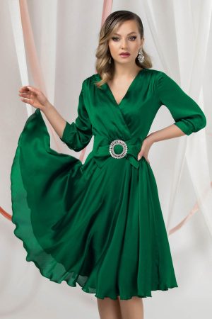 Rochie de ocazie eleganta Pretty Girl verde cu funda in talie 1