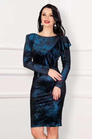 Rochie de ocazie Emrin cu aspect de glitter albastru si volan oblic 1