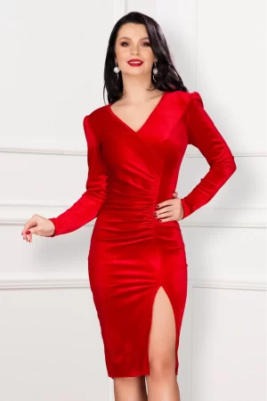 Rochie de ocazie conica Felicia rosie cu fronseuri 1