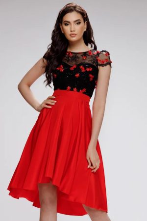 Rochie de ocazie Fofy rosie cu bust din tulle brodat cu floricele 1