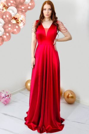 Rochie de ocazie Leontina, cu textura satinata si cristale artizanale, Rosu 1