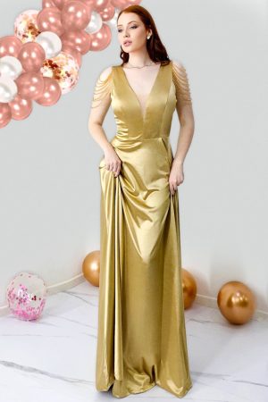 Rochie de ocazie Leontina, cu textura satinata si cristale artizanale, Auriu 1