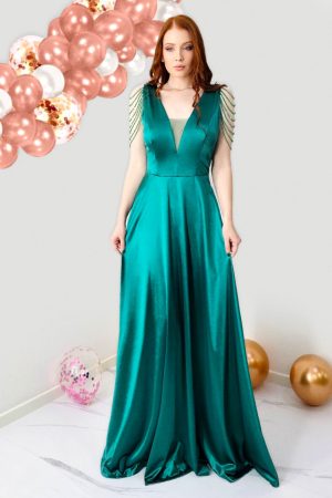Rochie de ocazie Leontina, cu textura satinata si cristale artizanale, Verde 1