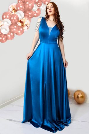 Rochie de ocazie Leontina, cu textura satinata si cristale artizanale, Albastru marin 1