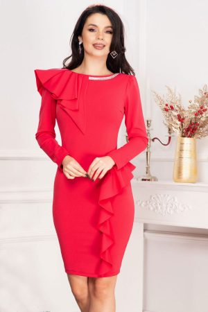 Rochie de ocazie Mariel somon cu volane si banda din strassuri 1