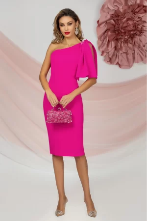 Rochie de ocazie midi fuchsia cu umar gol si funda accesorizata cu strassuri 1