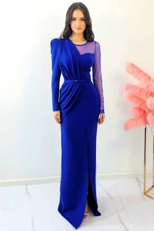 Rochie de ocazie Patricia, cu maneca lunga si detalii din tull, Albastru Royal 1