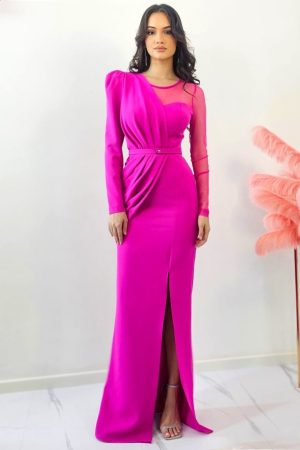 Rochie de ocazie Patricia, cu maneca lunga si detalii din tull, Fucsia 1