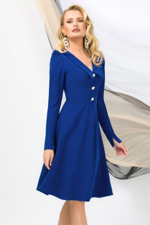 Rochie de ocazie Pretty Girl albastra in clos cu guler ascutit 1