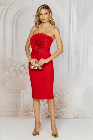 Rochie de ocazie rosie eleganta conica cu floare maxi 3D 1
