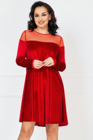 Rochie de ocazie rosie lejera cu insertii din tulle cu sclipici 1