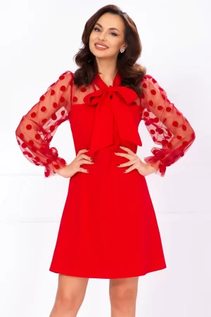Rochie de ocazie rosie lejera cu maneci din tulle cu buline din catifea 1