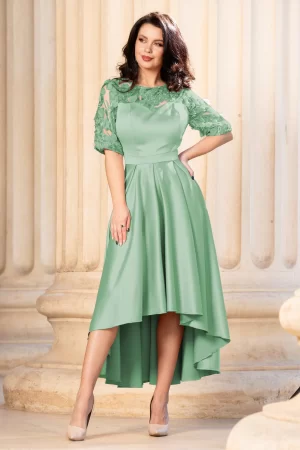 Rochie de ocazie salvie cu flori 3D si pliseuri 1