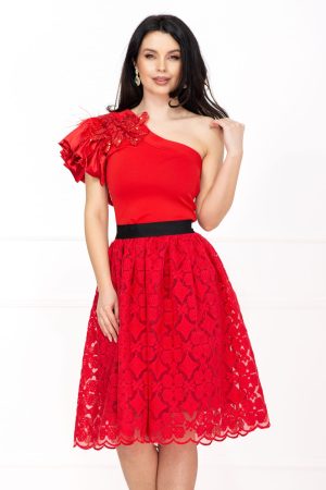 Rochie de ocazie Venezia rosie in clos cu fulgi si broderie 1