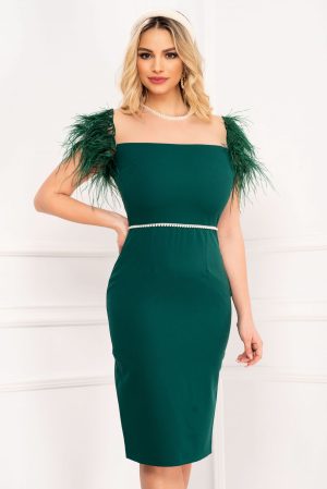 Rochie de ocazie verde Pretty Girl cu maneci din pene 1