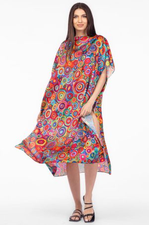 Rochie de plaja lunga tip poncho din matase cu imprimeu cercuri multicolore 1