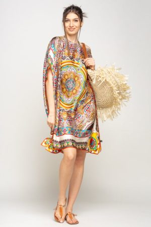 Rochie de plaja tip poncho din matase cu mandala centrala in chenar bej si caramiziu 1