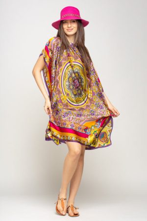 Rochie de plaja tip poncho din matase cu mandala centrala in chenar fucsia si mov 1