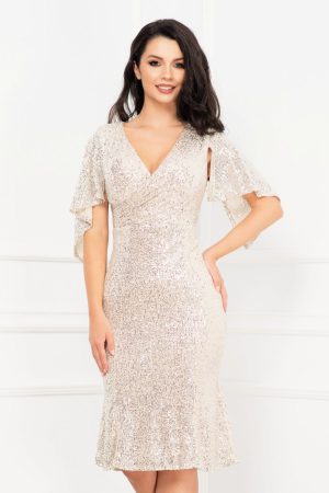 Rochie de seara argintie eleganta din paiete cu maneca tip liliac 1