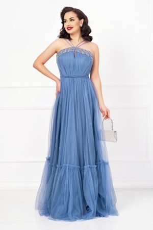 Rochie de seara Christine bleu cu model din strassuri 1