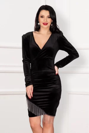 Rochie de seara din catifea Norah neagra cu franjuri din strassuri 1