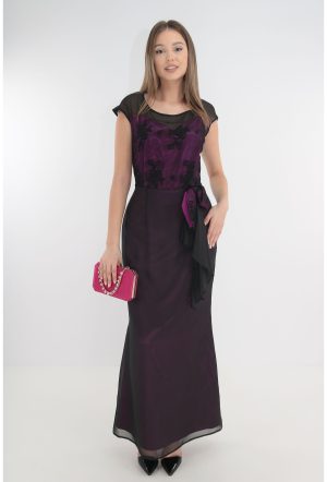Rochie de seara din voal negru si saten ciclamen 1