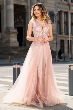 Rochie de seara eleganta Pretty Girl lunga roz din tul si broderie 1
