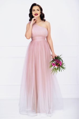 Rochie de seara Kendra lunga rose in degrade eleganta din tulle cu floare 3D 1