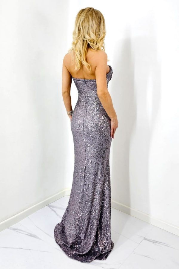 Rochie de seara Lady ZEEA, cu paiete, cristale si crapatura ampla pe picior, Argintiu inchis 5