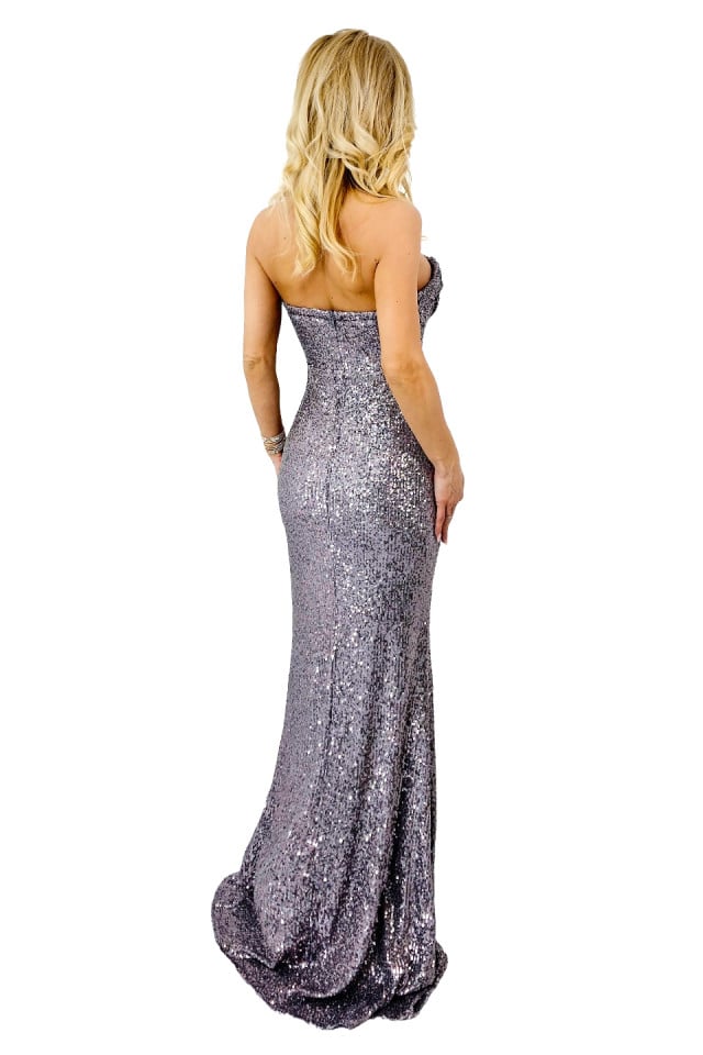 Rochie de seara Lady ZEEA, cu paiete, cristale si crapatura ampla pe picior, Argintiu inchis 7